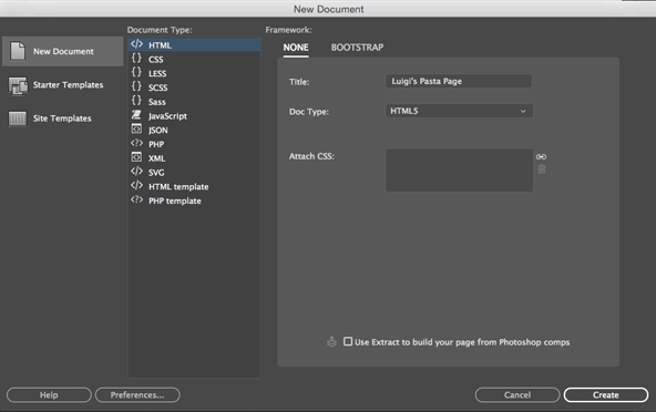 Creating a New Document in Dreamweaver